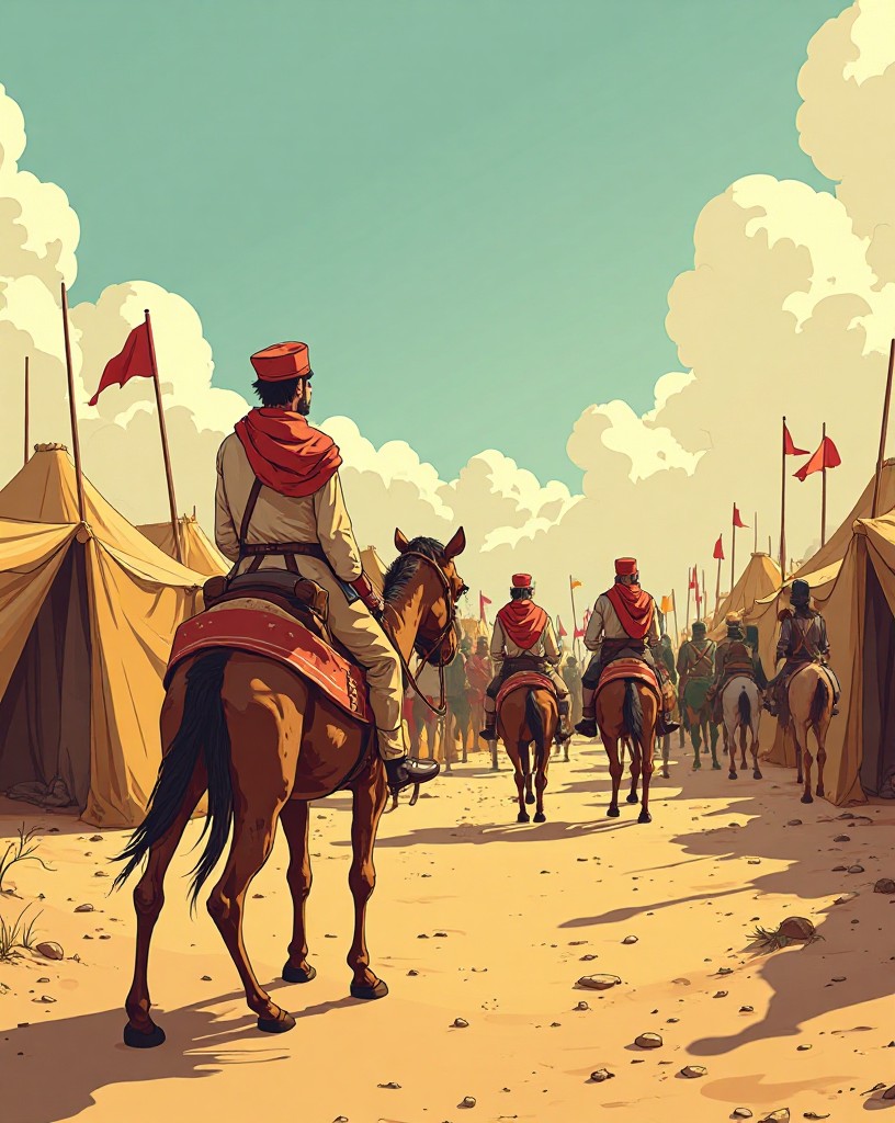 A young officer arriving at a desert encampment of Arab fighters.