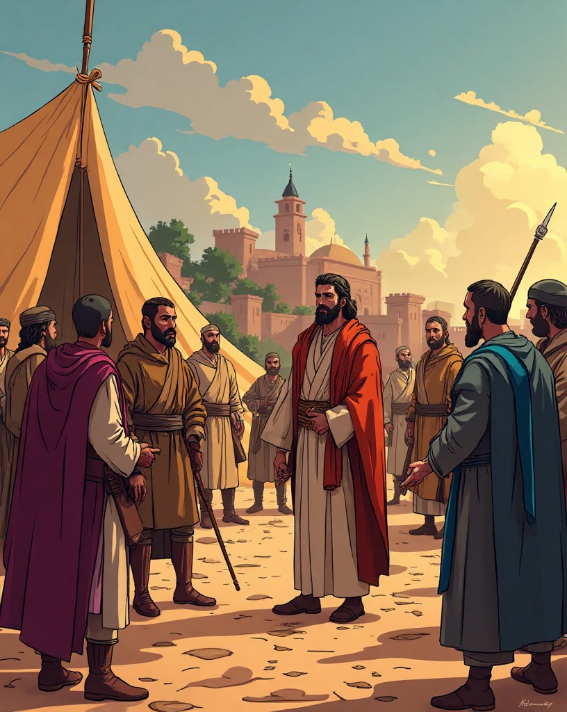 An Arab emir conferring with tribal fighters outside a tent.