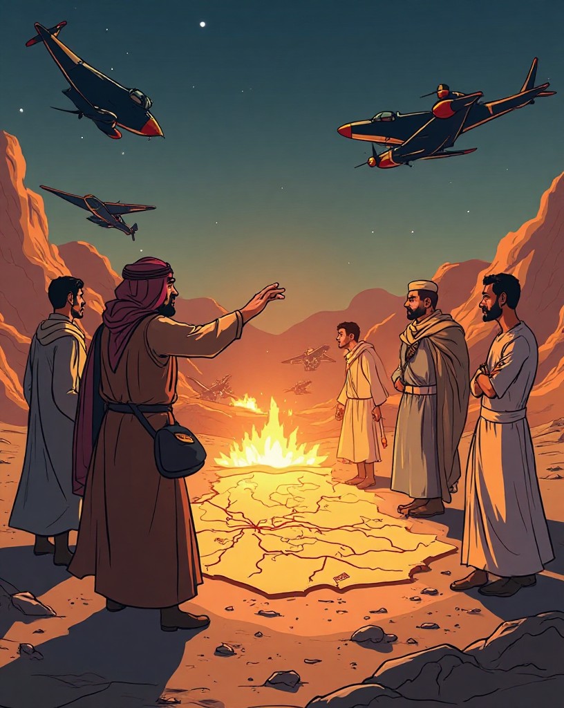 The officer in Arab robes explaining a plan over a map drawn in the sand.