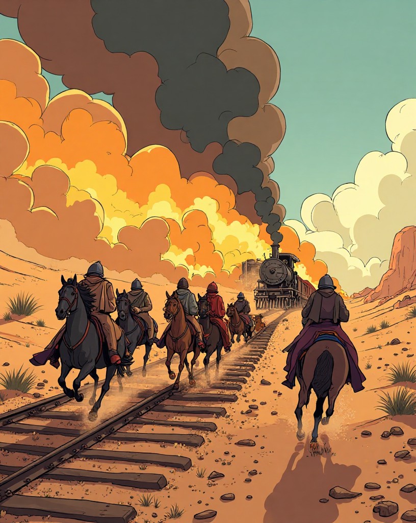 Riders galloping from an exploding railway line, a derailed locomotive in smoke.