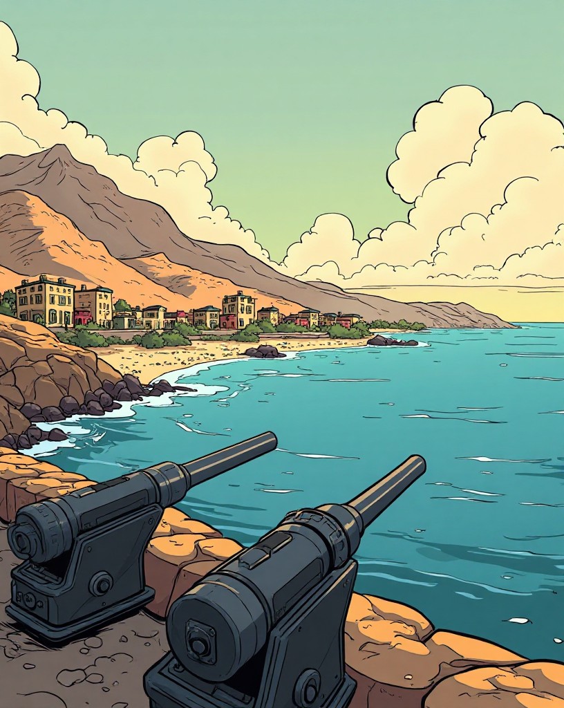 Coastal fort guns pointing out to sea, with undefended desert hills behind the town.