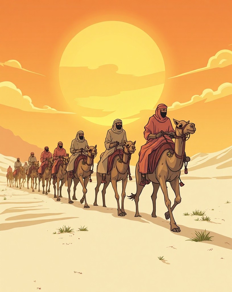 A column of camels and riders crossing blinding desert dunes under a harsh sun.