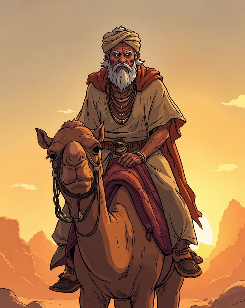 A fierce tribal chieftain on a camel surveying the vast empty desert.