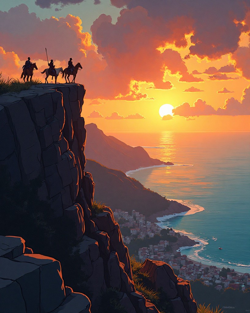 Riders cresting a ridge at dawn to look down on a coastal town and the sea.