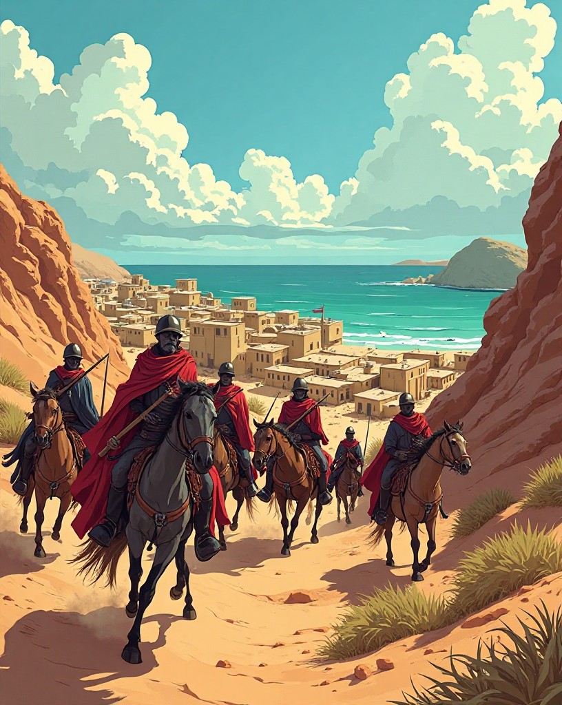 Robed cavalry charging down into the coastal town as defenders scatter.