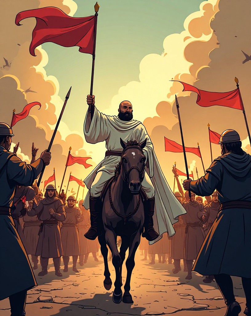 The officer in white robes riding through cheering fighters in the captured town.