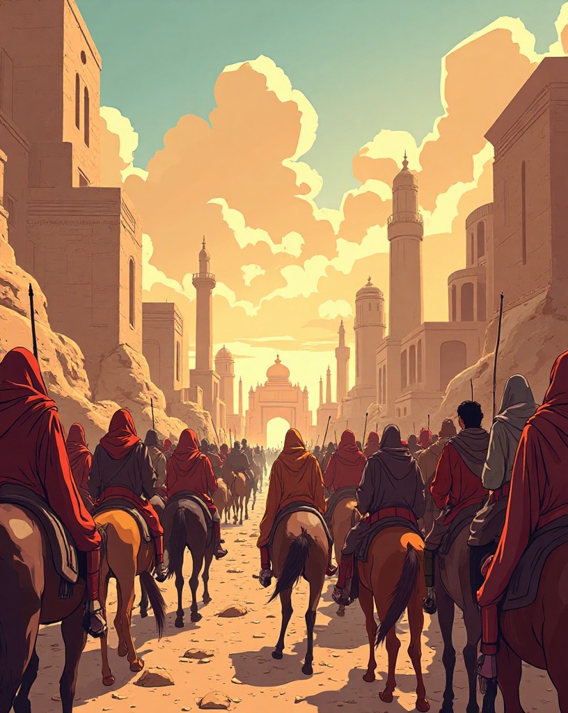 Columns of fighters streaming into a grand desert city in triumph.
