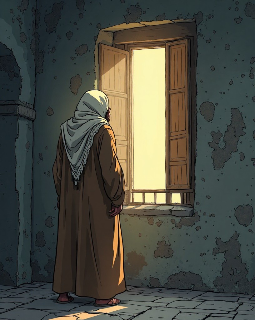 A solitary man in fading Arab robes at a window in grey light, looking back.
