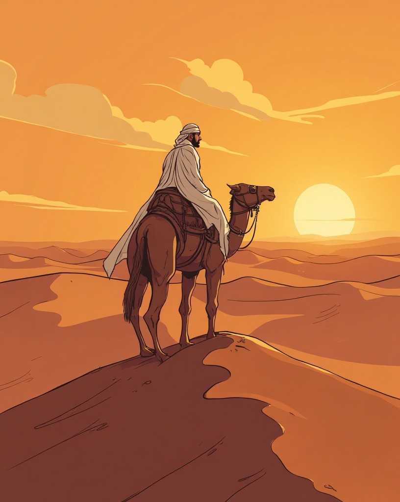 An officer in white Arab robes on a camel atop a desert dune at sunset, cel-shaded comic art.