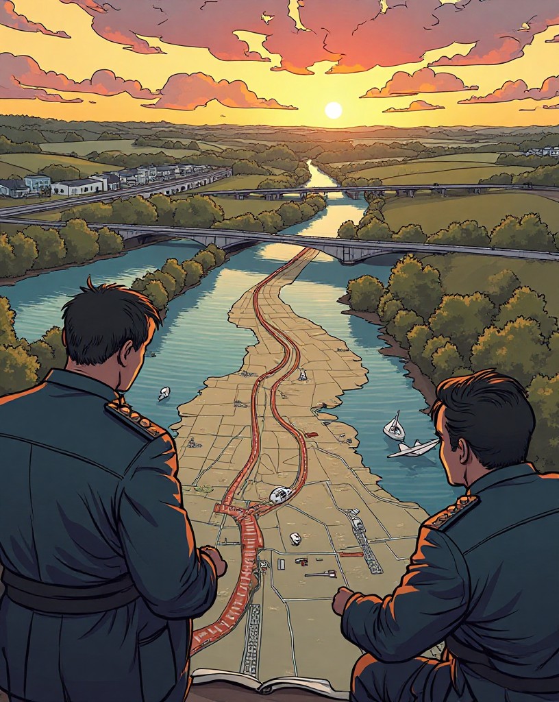 Generals around a map of the Netherlands tracing a line of bridges up a single road.