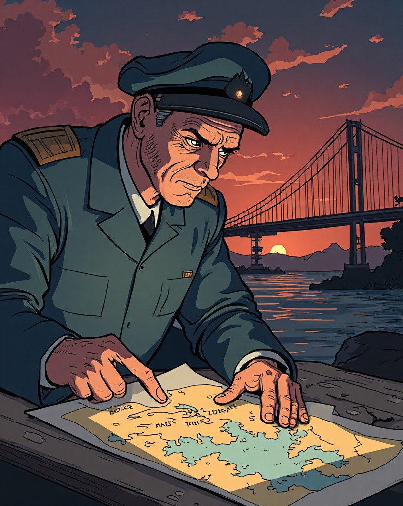 A senior officer studying the map with a worried frown, finger on the farthest bridge.