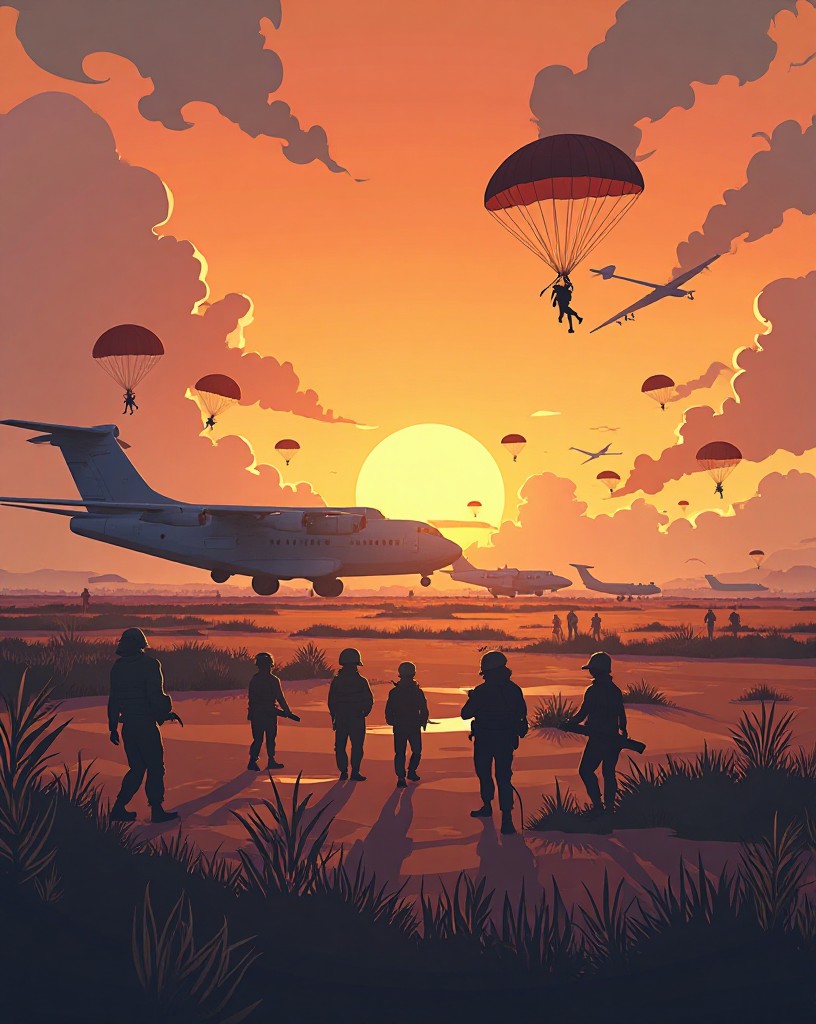 Rows of transport planes and gliders as paratroopers board at dawn.
