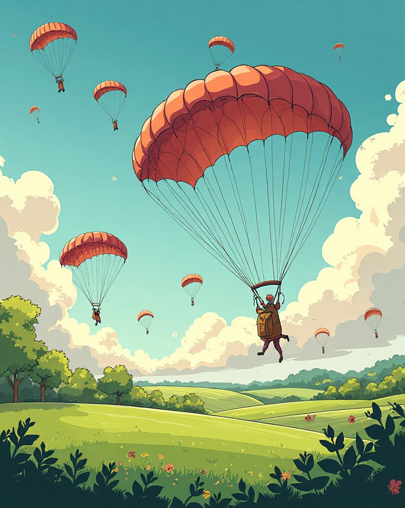 Countless parachutes blossoming in a bright sky over green Dutch farmland.