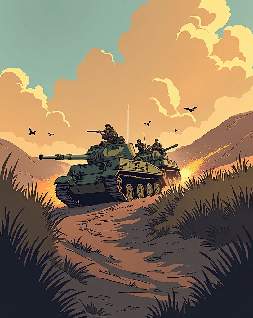 A column of tanks pushing up a raised road under fire from the flanking fields.