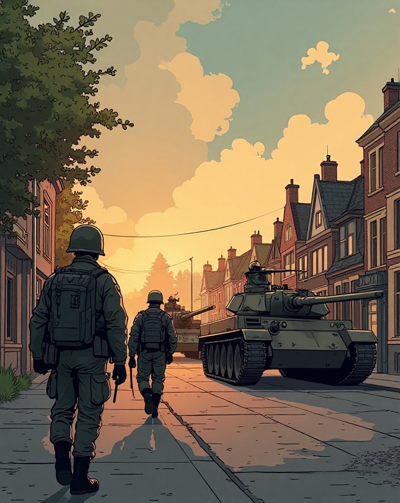 Lightly armed paratroopers in a Dutch town facing German tanks rolling up a street.