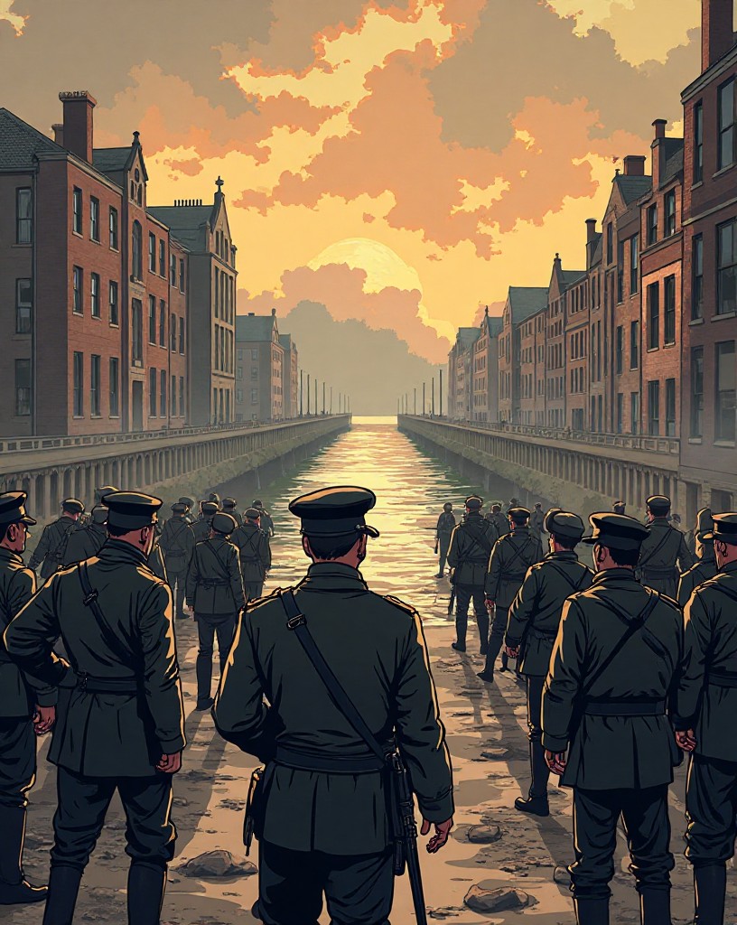 A British officer directing men into buildings at the end of a long river bridge.