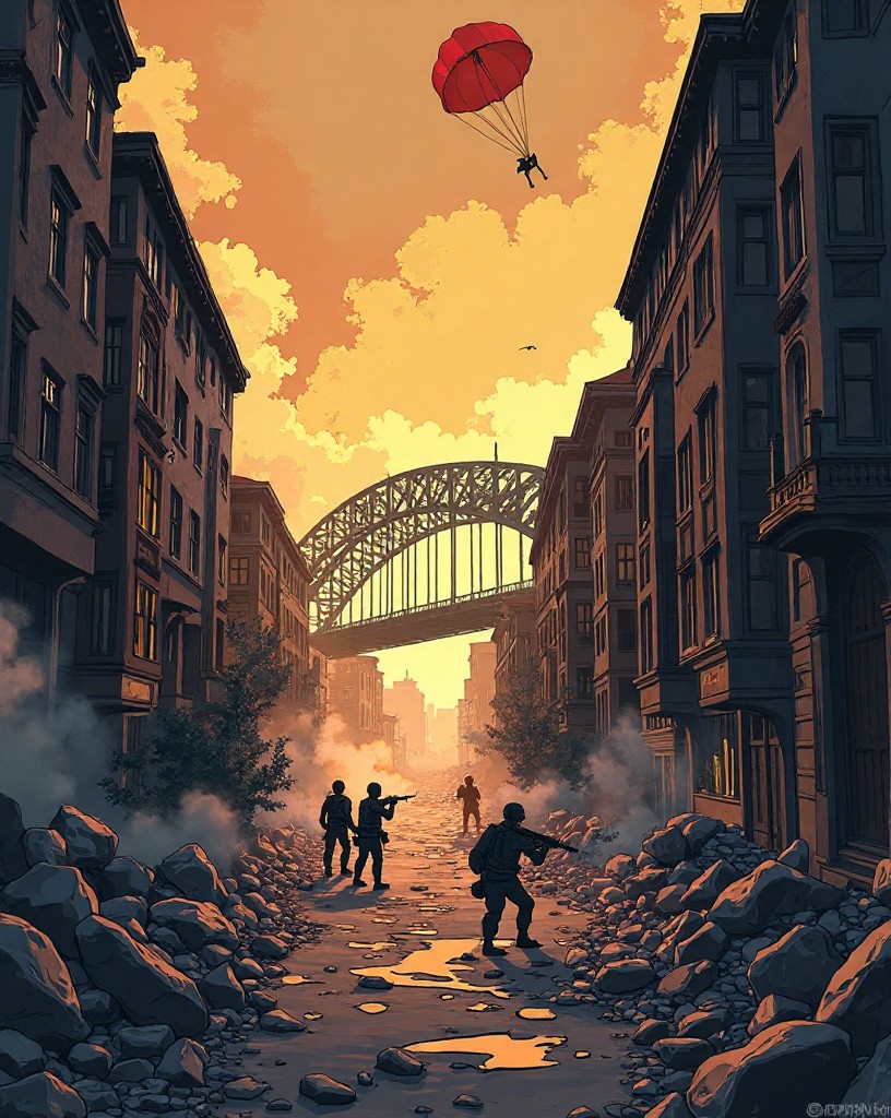Paratroopers firing from shattered townhouses at the foot of a bridge.