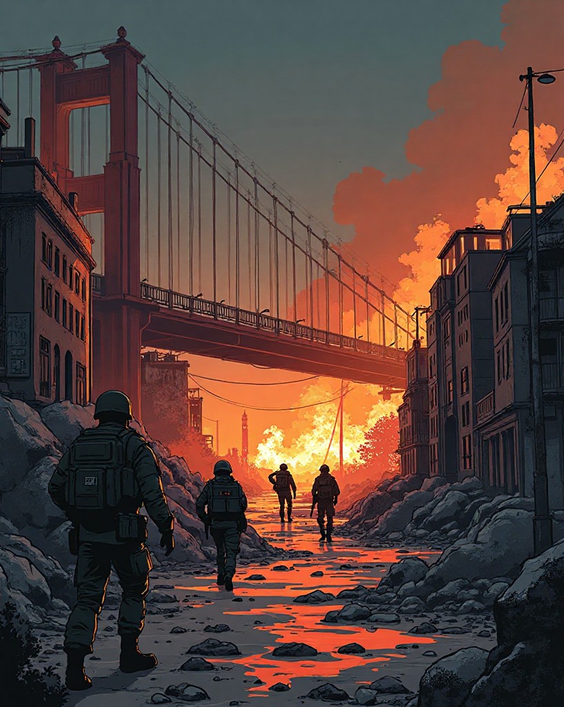 A shrinking pocket of exhausted defenders amid burning buildings near a bridge.