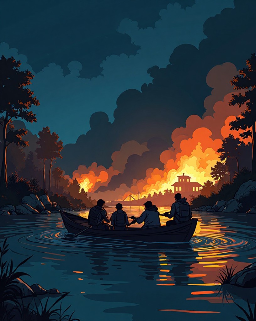 Weary survivors crossing a dark river at night away from a burning town.