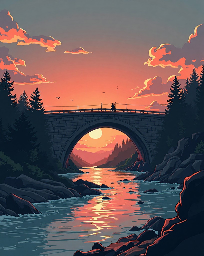An empty, battle-scarred bridge over a wide river at dawn, quiet after the fighting.