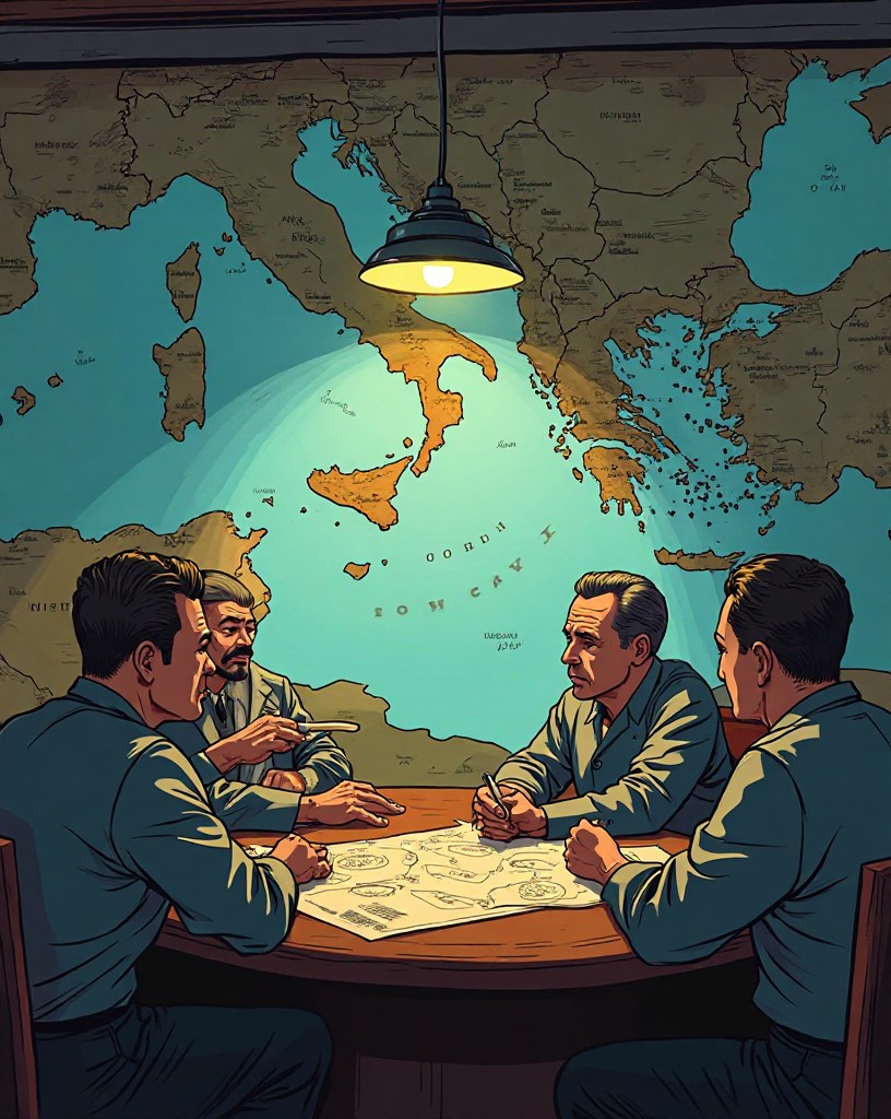 A war-room map of the Mediterranean with Sicily circled, officers studying it.