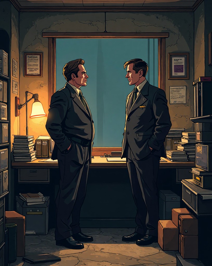 Two British officers plotting in a cramped, file-stuffed basement office.