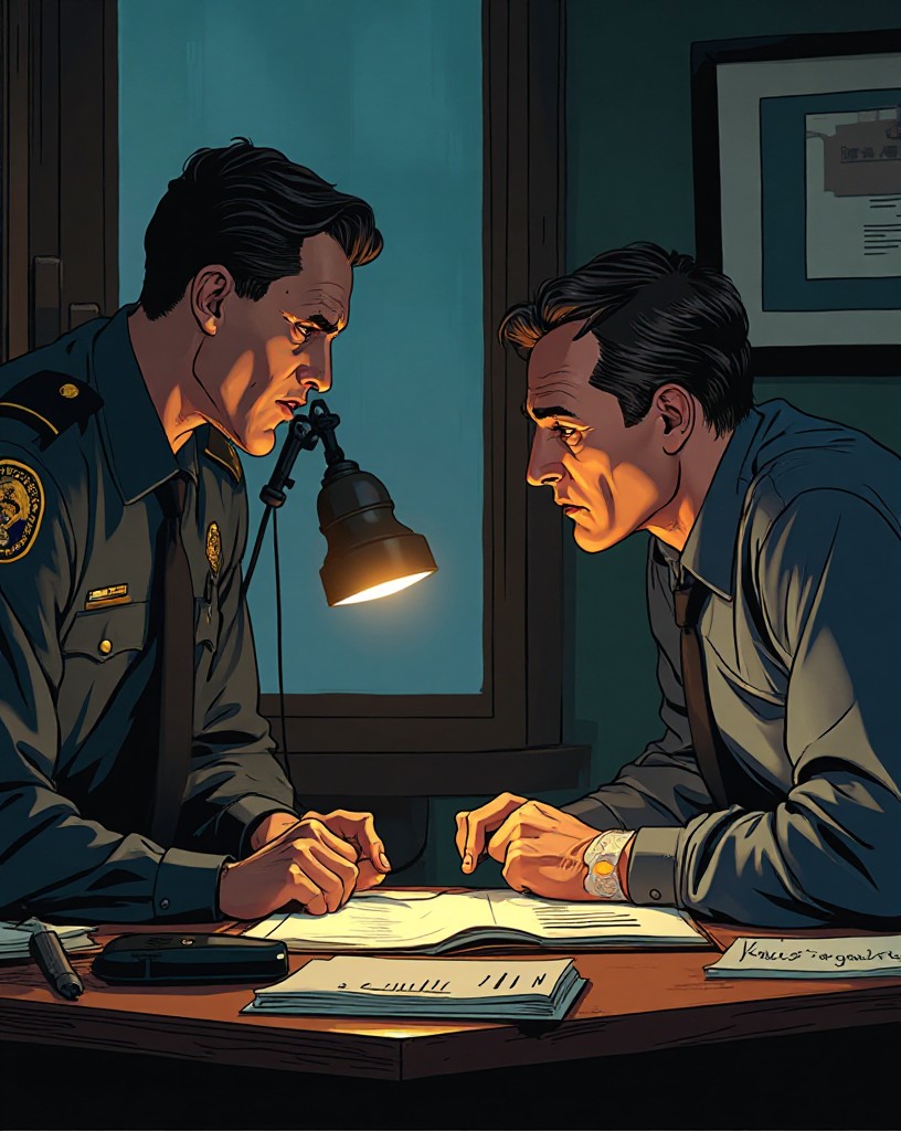 An officer leaning over a desk explaining the plan, a secret folder between them.