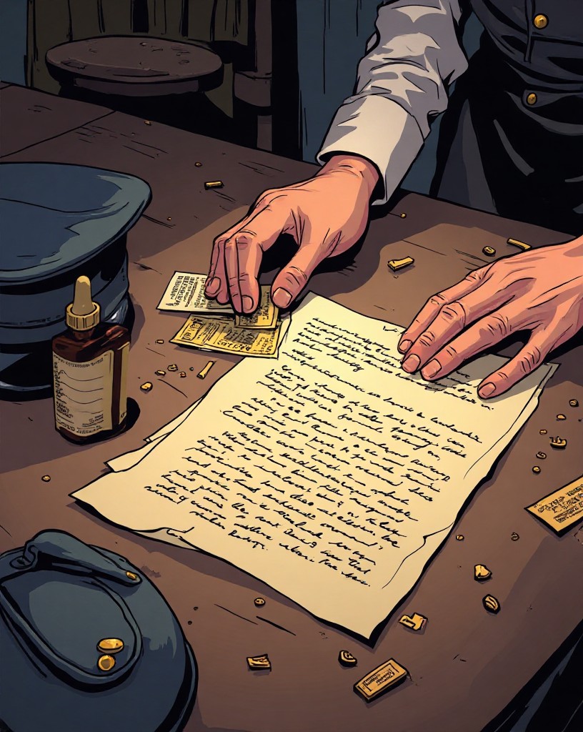 Hands arranging forged documents, a photo, and letters beside a Marines uniform.
