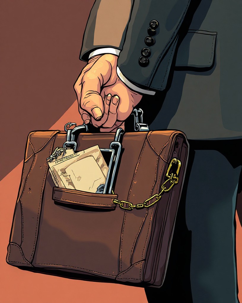 A briefcase being chained to a wrist, sealed official envelopes inside.