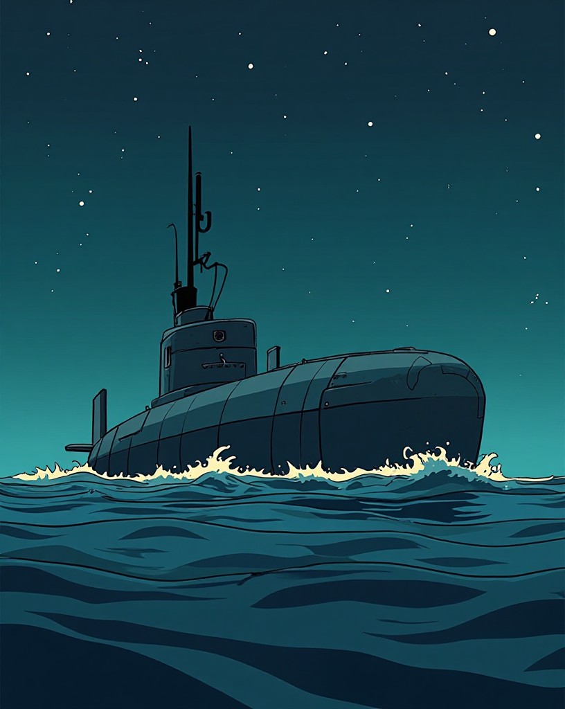 A submarine at night lowering a wrapped body into a calm dark sea.