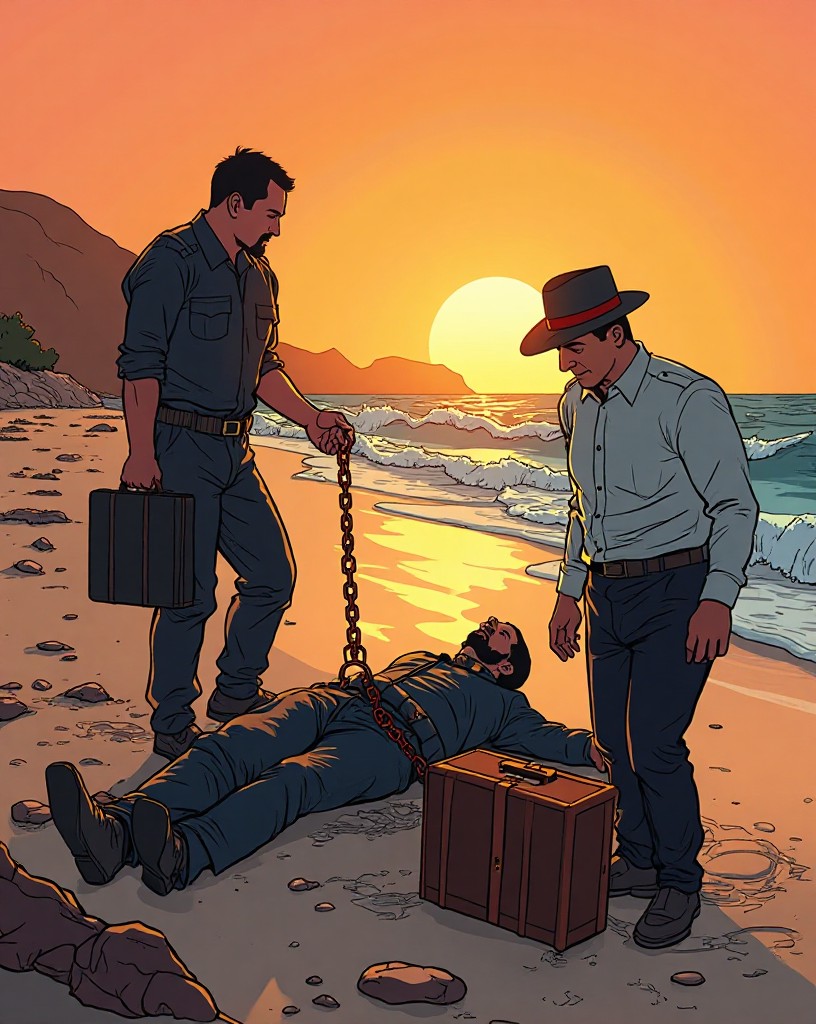 Men on a beach at dawn recovering the body, an official examining the briefcase.