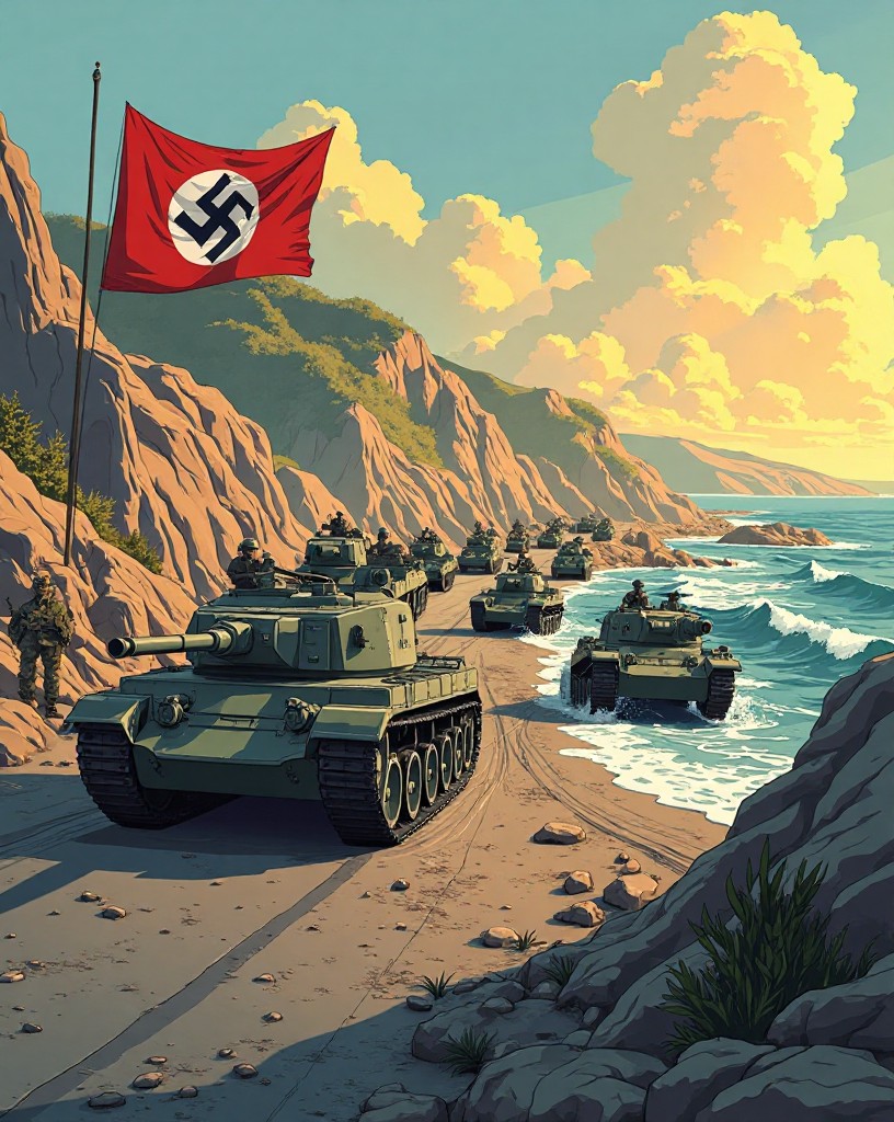 Columns of tanks and troops being redirected along a coastal road.