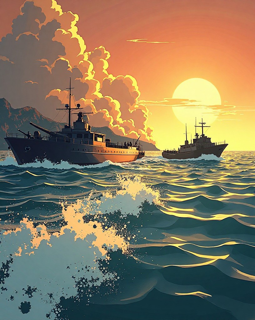 Allied landing craft approaching a Sicilian beach at dawn against light resistance.