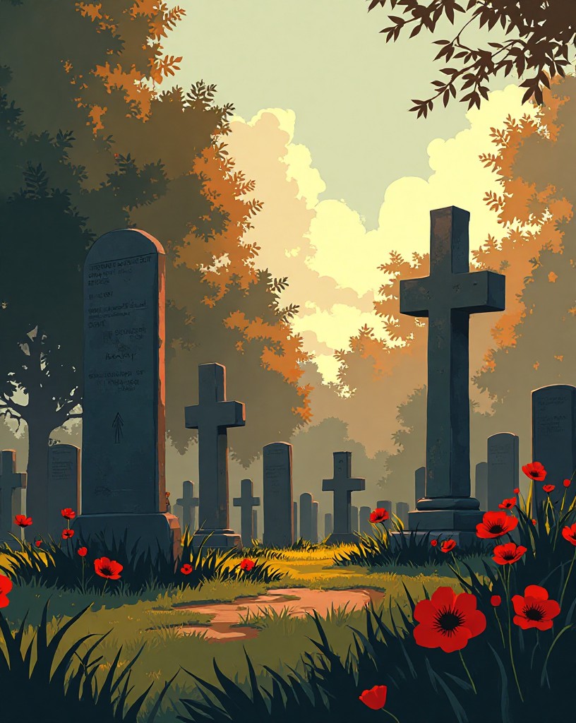 A quiet headstone for an unnamed officer in soft light among poppies.