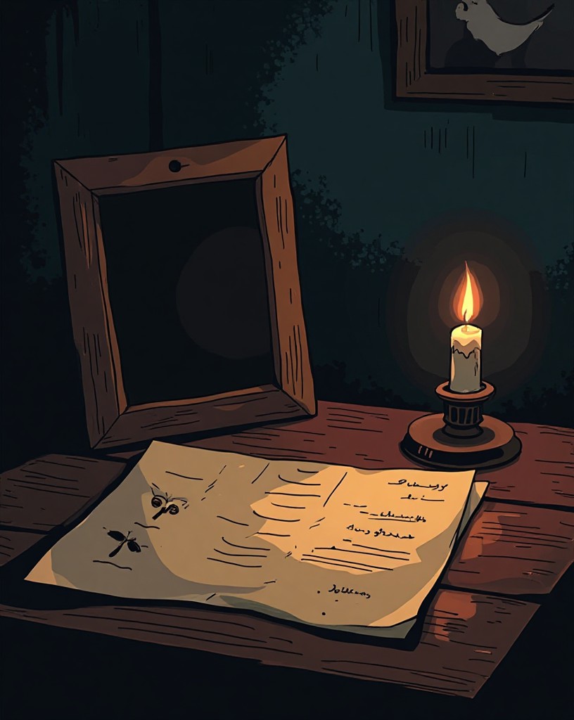 A candle beside an old photograph and a folded letter on a dark table.
