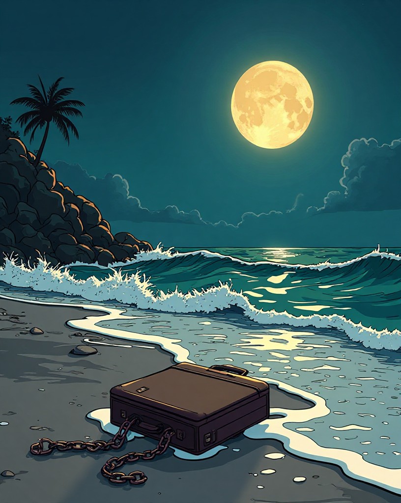 A briefcase chained to a wrist washing up on a moonlit shore, cel-shaded comic art.