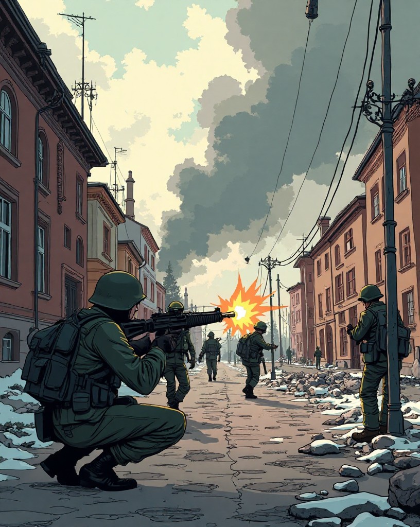 Soviet soldiers fighting from a shattered street with the river behind them.