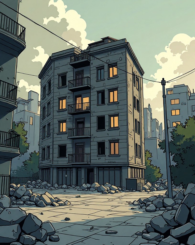 A battered four-story apartment building overlooking an open plaza.