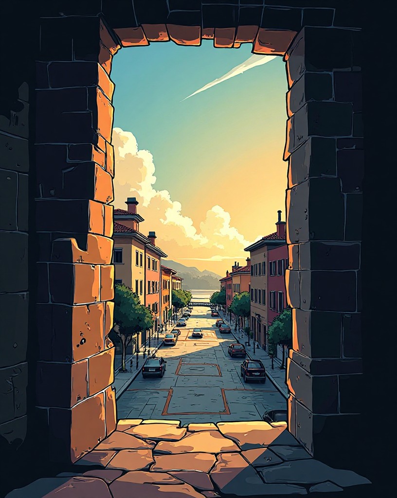 The view from a high window across the open square toward the distant river crossing.