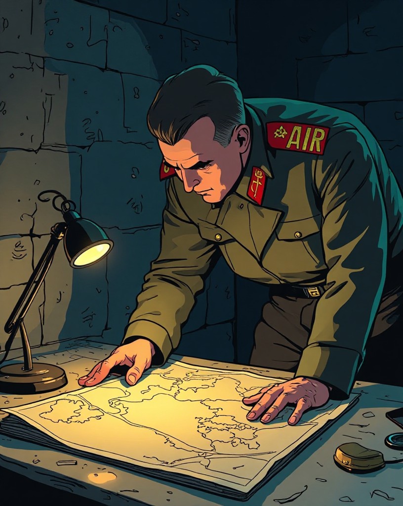 A Soviet general studying a map by lamplight in a dim bunker.