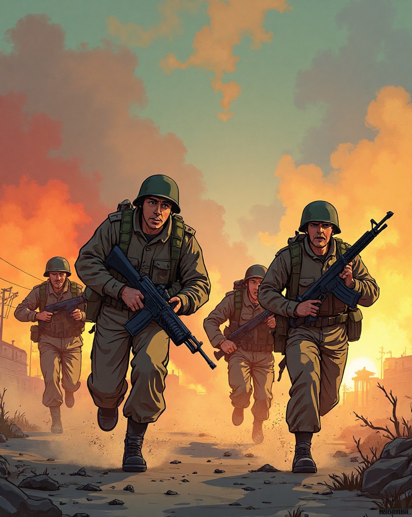 Four soldiers sprinting low across an open square under fire at dusk.