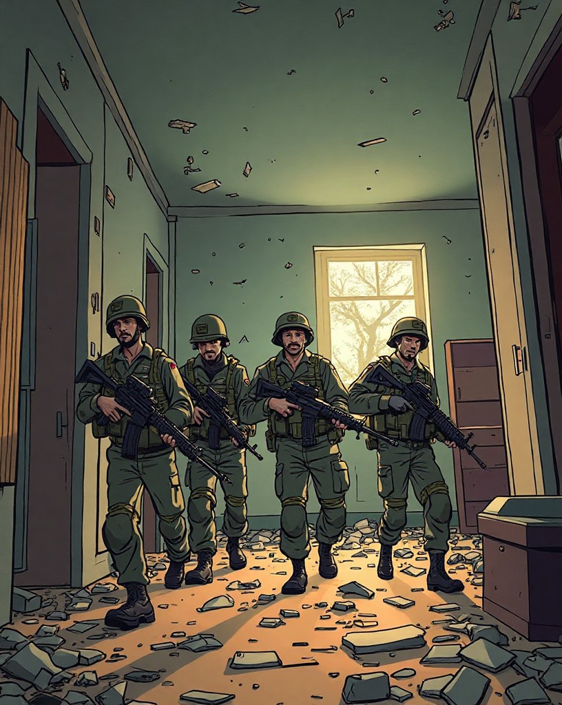 Soldiers clearing a wrecked apartment room with rifles raised.