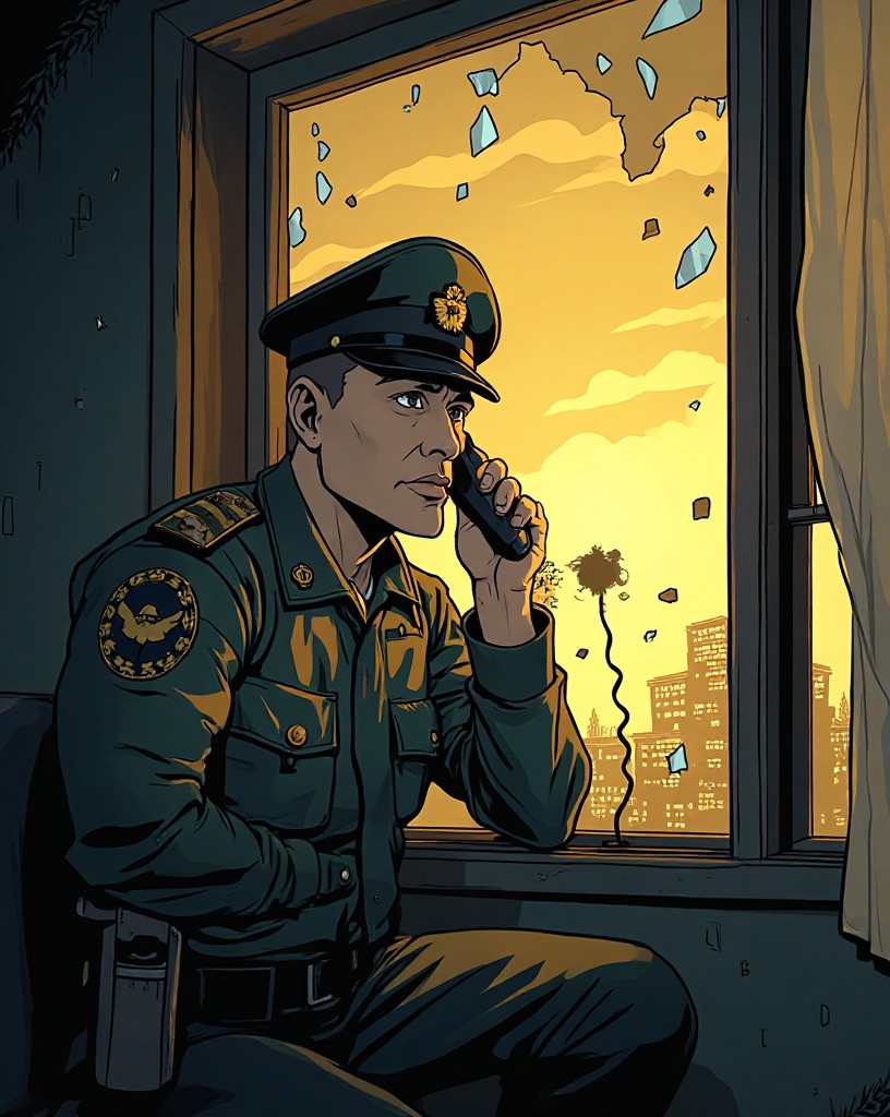 A sergeant at a broken window holding a field telephone.