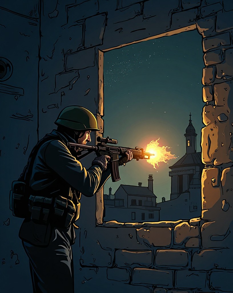 A lone soldier firing from a broken window at night, lit by muzzle flash.