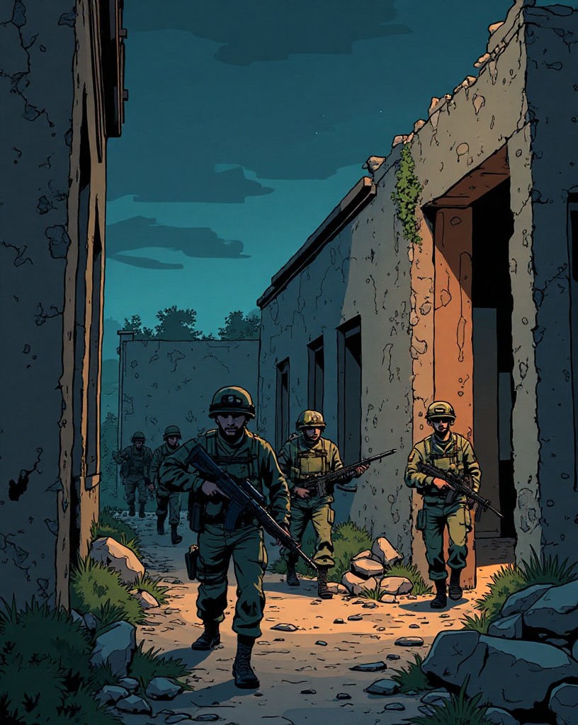 Soldiers slipping into the building at night carrying heavy weapons.