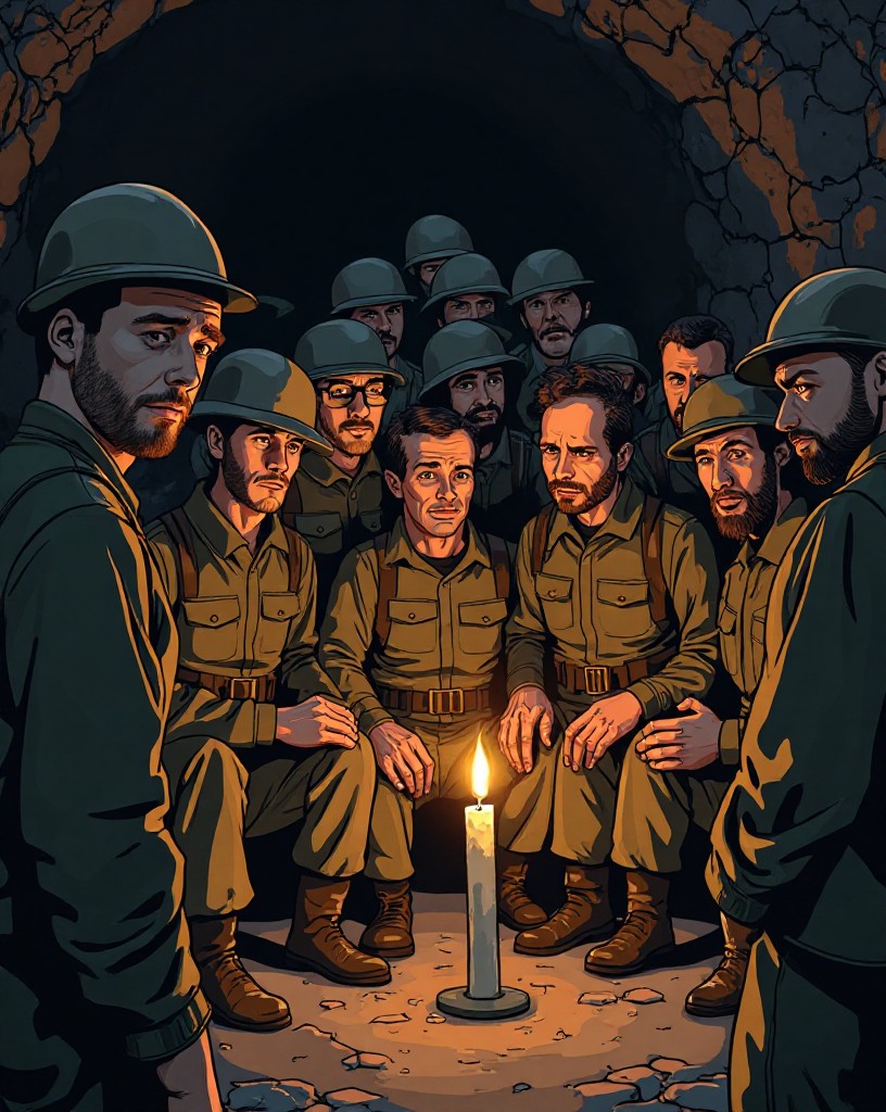 A group of weary soldiers of varied backgrounds crowded in a candlelit cellar.