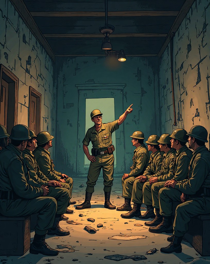 An officer briefing his soldiers in a wrecked room by lamplight.