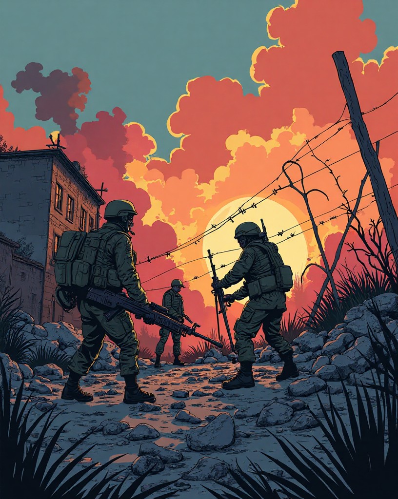 Soldiers laying mines and barbed wire across the rubble before the building.