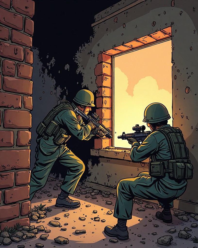 A soldier breaking through an interior wall while another mans an anti-tank rifle at a window.