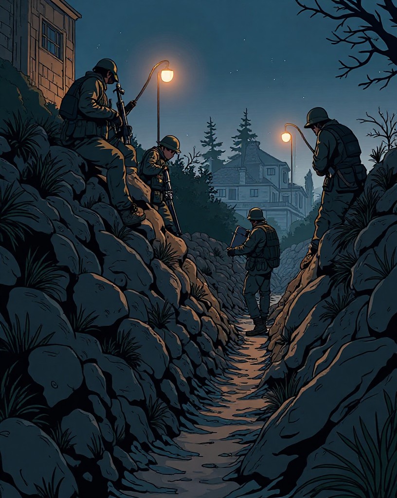 Soldiers digging a communication trench at night from the building toward the rear.